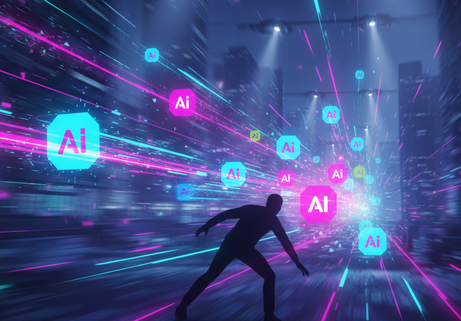 Human struggling to control fast-moving AI agents, showing how AI is becoming difficult to manage.