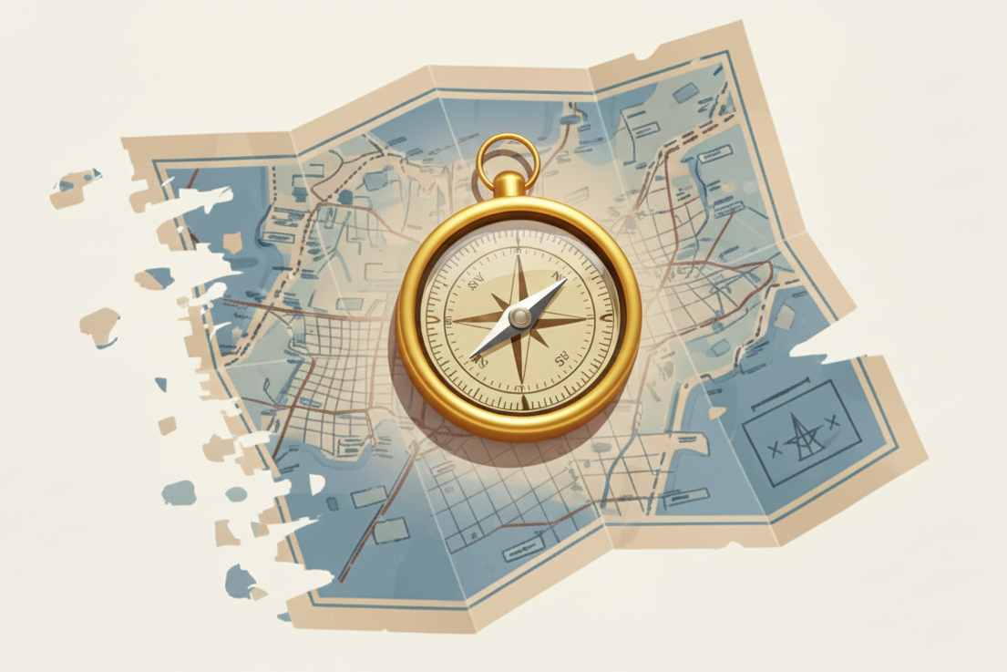 A compass resting on a folded map.