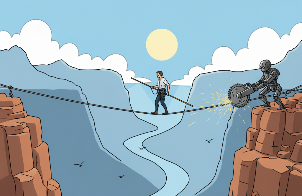 “the man waking rope and robot cutting the rope”