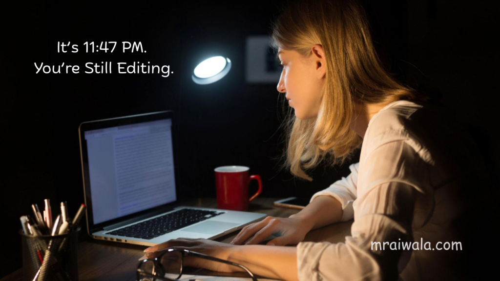 AI content writing jobs work from home with late night editing on laptop