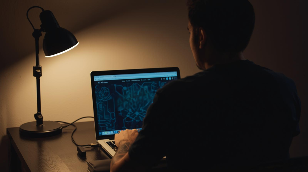 man working with laptop with low night