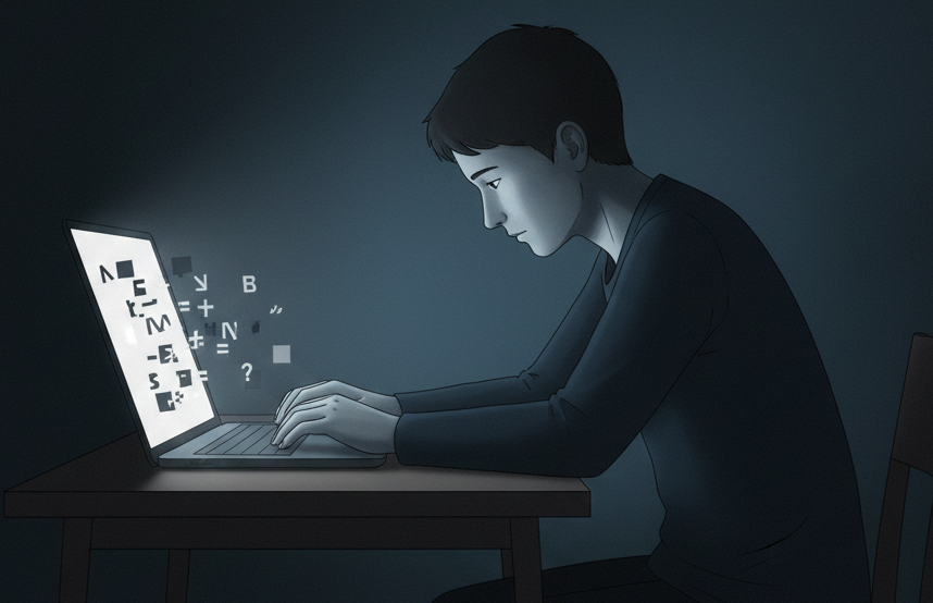 Person typing on a laptop at night with fragmented thoughts on screen.