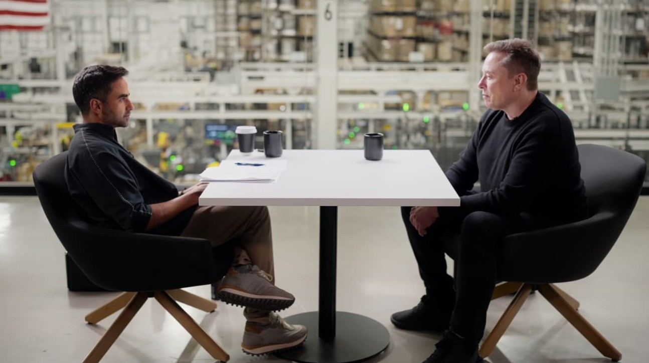 Elon Musk and Nikhil Kamath discussing AI and the future on a podcast