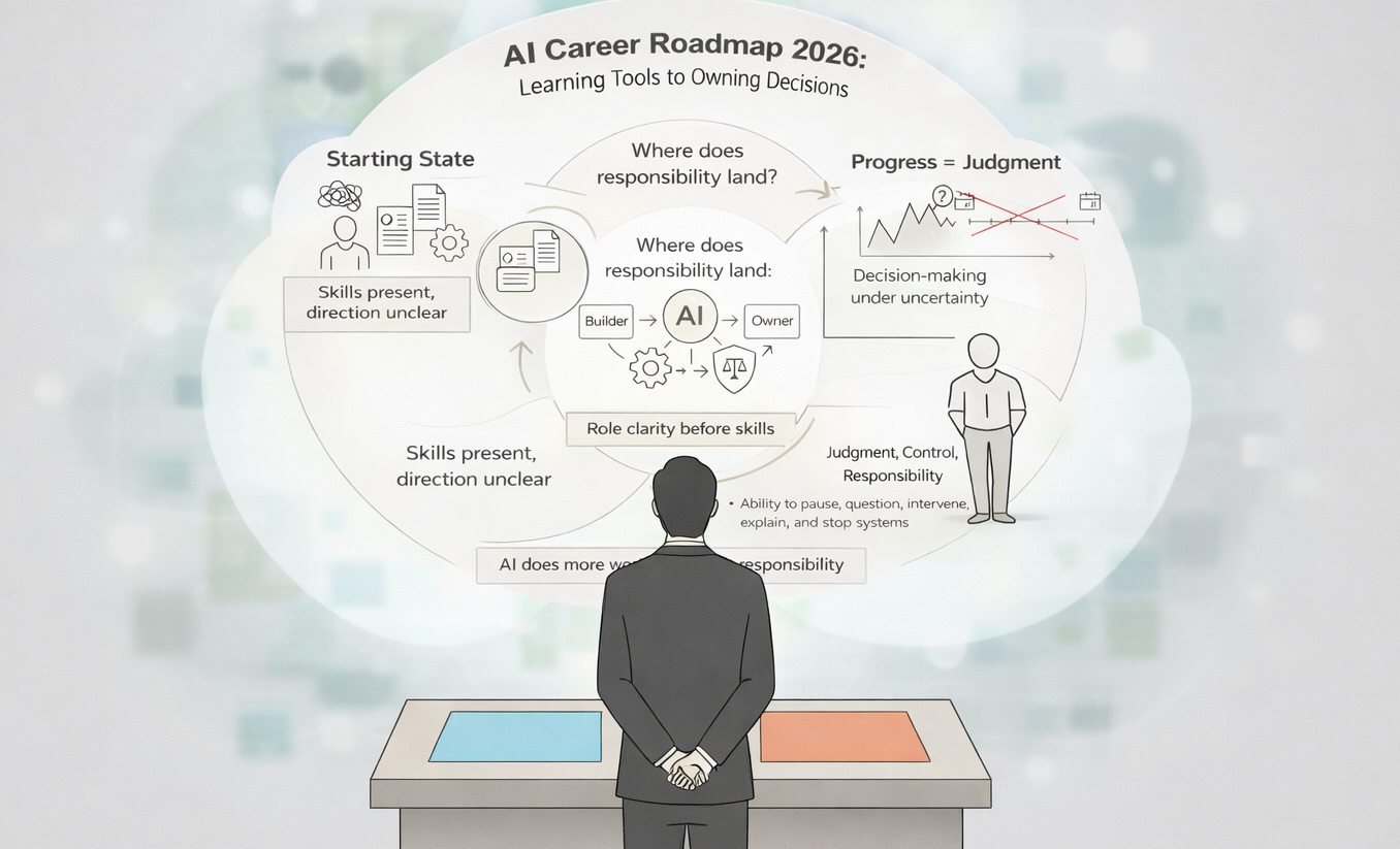 AI Career Roadmap 2026 illustration of a professional reviewing AI-driven decisions, ownership, control, and responsibility