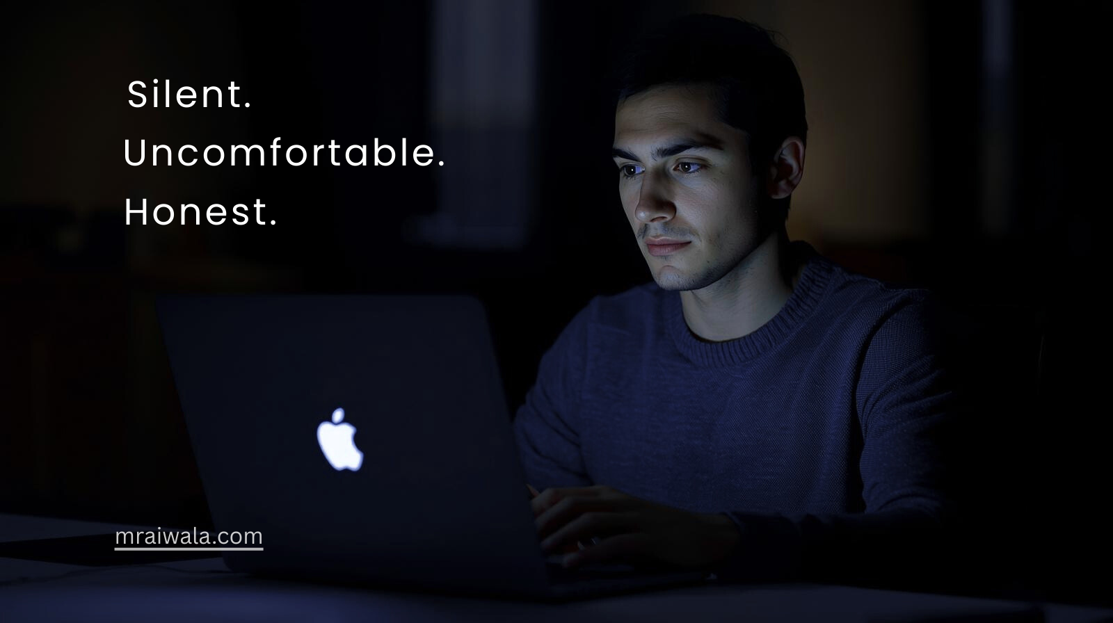 Online Earning: *Someone sitting alone at night, quietly staring at a laptop screen, lost in thought.*