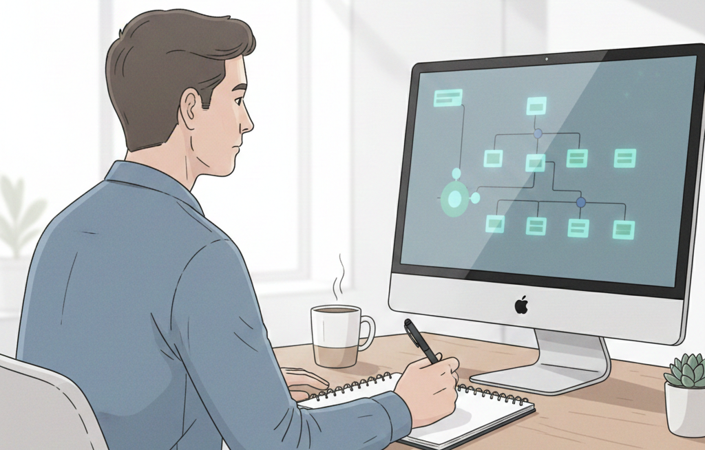“Human Judgment vs AI Output A person pauses to evaluate a finished AI-generated result on a screen.”