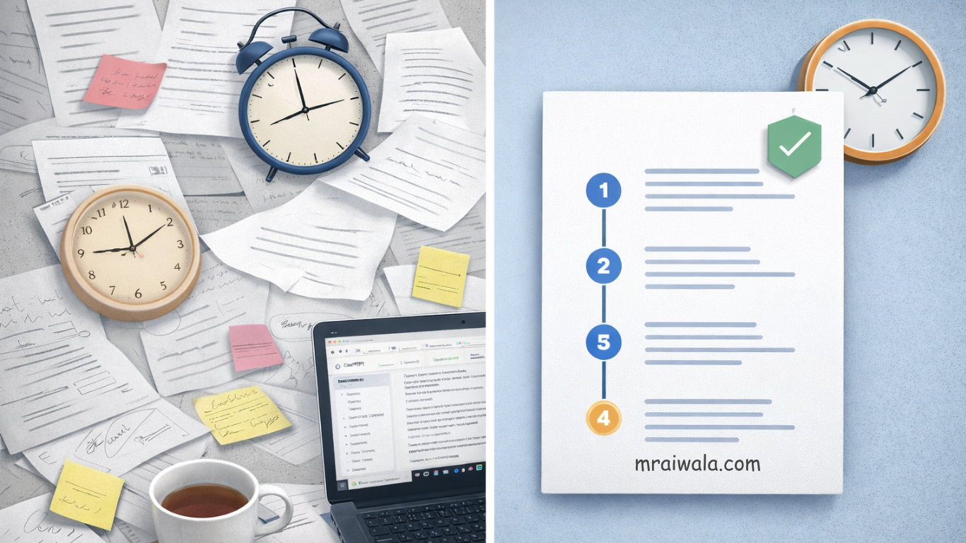 AI workflow patterns for creators showing a cluttered desk transforming into a structured workflow and organized document